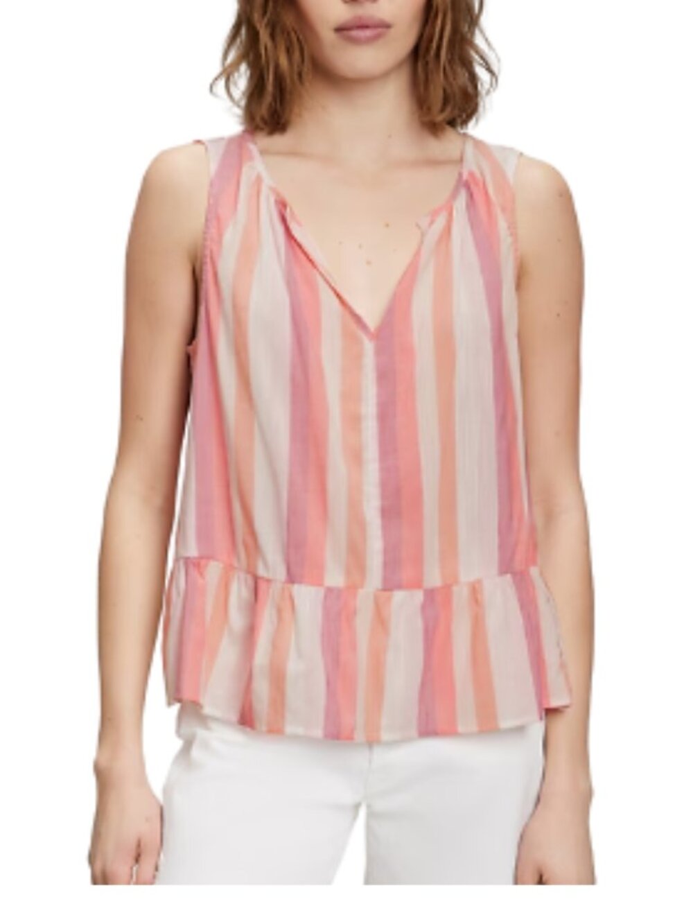 GAP Striped Cotton Gauze Peplum Top Sleeveless Split Neck Coral Pink Size M